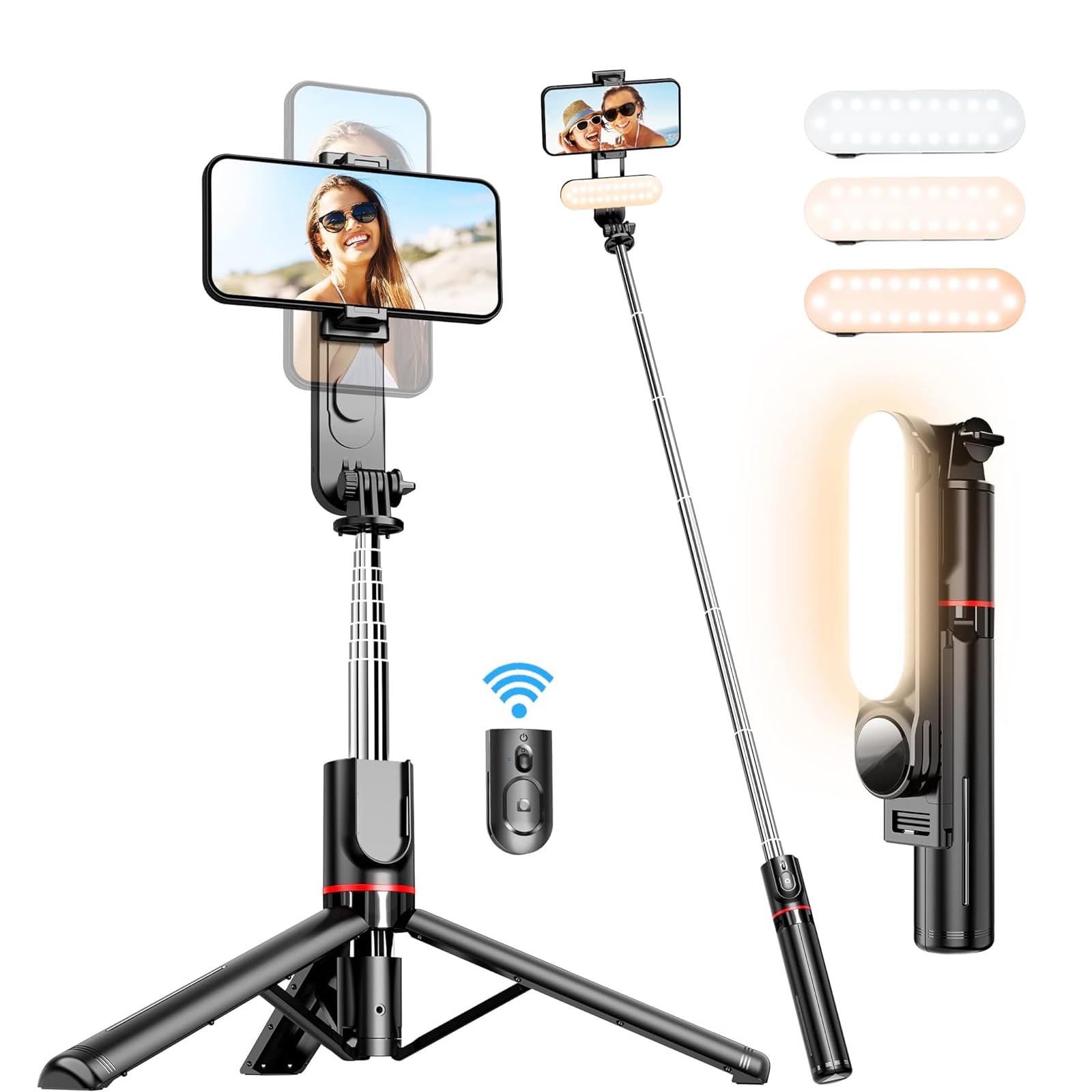 Stable Selfie Stick Tripod with Fill Light, Portable 44 Inch Extendable Selfie Stick with Bluetooth Wireless Remote and Travel Tripod Stand 360 Rotation, for iPhone 15/14/13 Pro/XS Max Smartphone