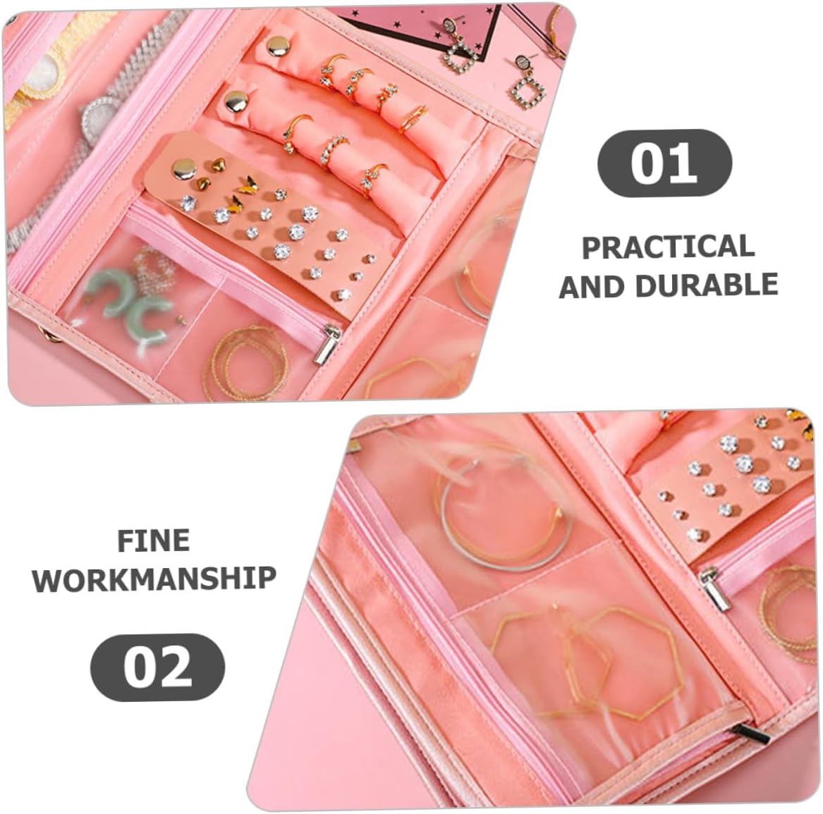 Ipetboom PU Jewelry Storage Roll Bag for Travel Small Foldable Organizer Pouch with Multiple Compartments Scratch-resistant Jewelry Case for Necklaces Rings Bracelets Earrings