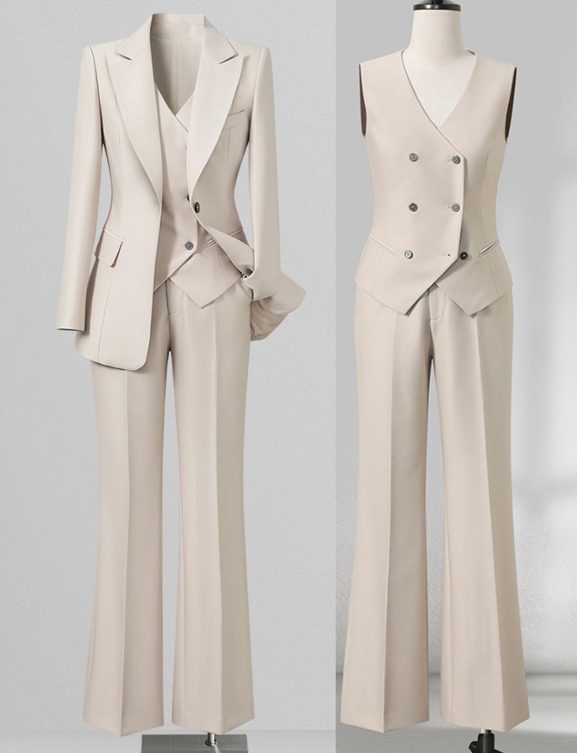 Donna Abito Tre Pezzi Giacca a Un Bottone Gilet a Doppio Petto Pantaloni da Smoking Business Casual