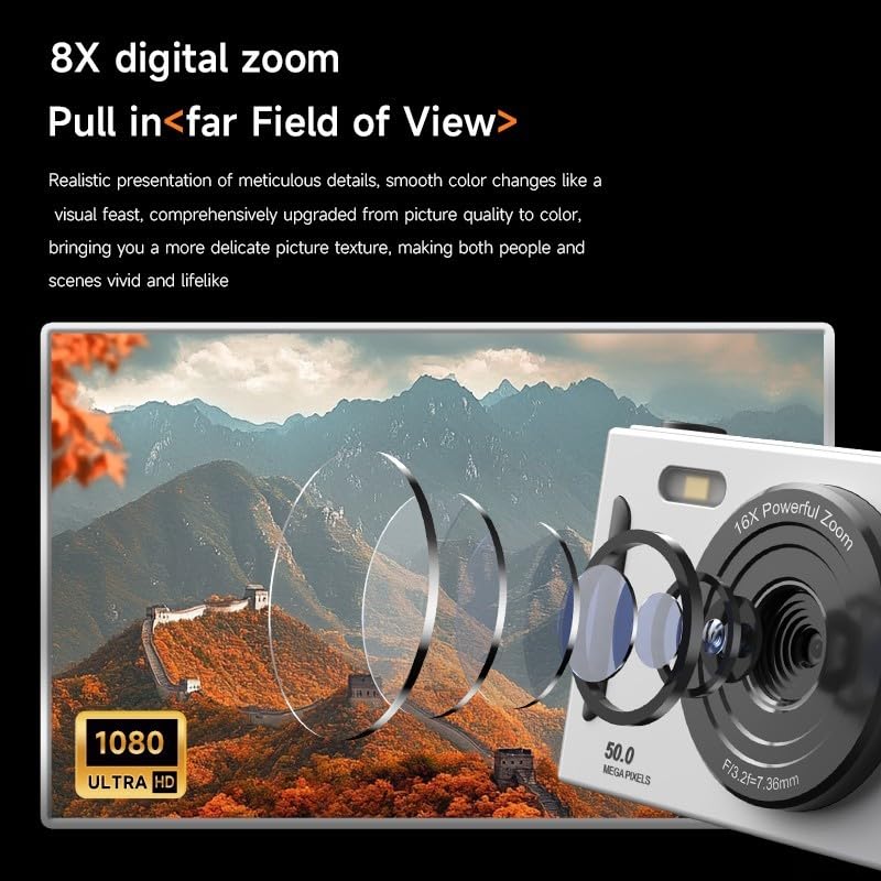 Cámara digital 4K, cámara fotográfica portátil compacta retro, zoom digital de 8X, pantalla IPS de 2.4", cámara portátil para viajes y selfies de nivel de entrada (verde)