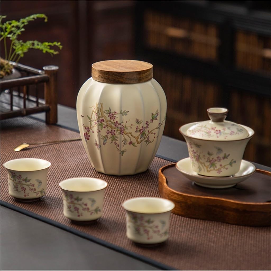 LYGSWDB Słoik na cukier Ceramiczny pojemnik do przechowywania herbaty Słoik Drewniana pokrywka Zapieczętowany słoik Ozdoby gospodarstwa domowego Chiński słoik do przechowywania herbaty Magazyn herbaty