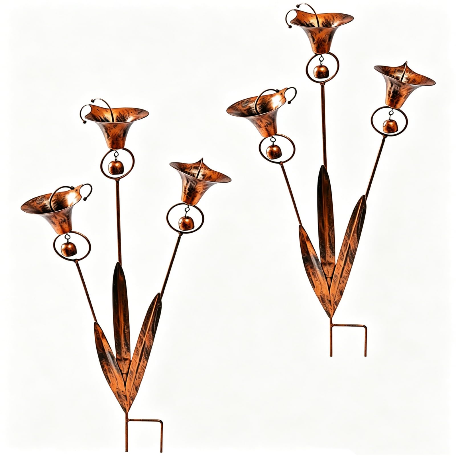 CLBDRESS New Flamed Copper Three Calla Lilies Garden Stake with Bells, Handmade Whimsical Rain Catcher Flower, Rustic Wind Chime Yard Ornament for Backyard Accents Garden Pathways