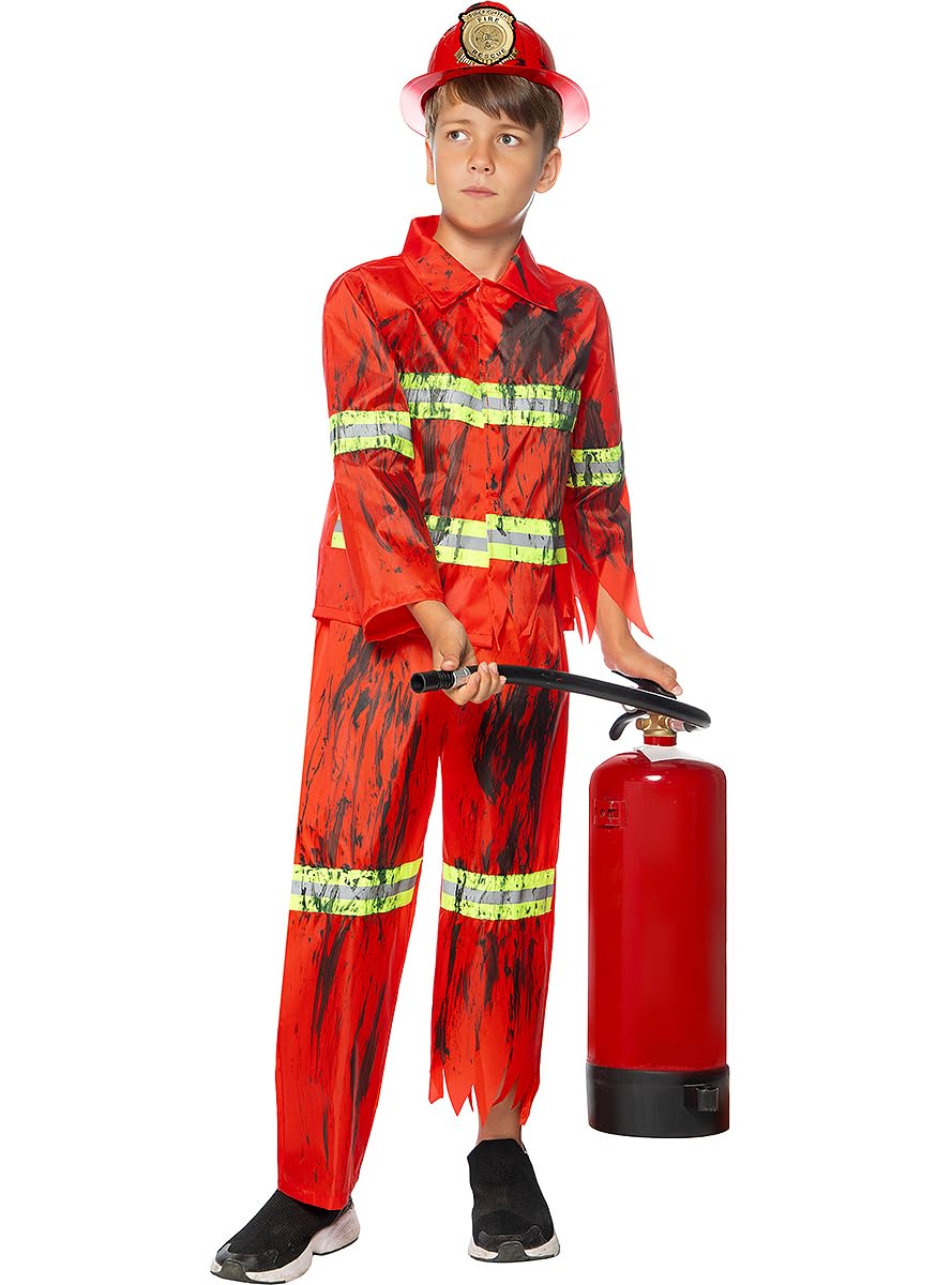 Funidelia | Disfraz de bombero zombie para niño y niña Muerto Viviente, Halloween, Terror - Disfraz para niños y divertidos accesorios para Fiestas, Carnaval y Halloween - Rojo