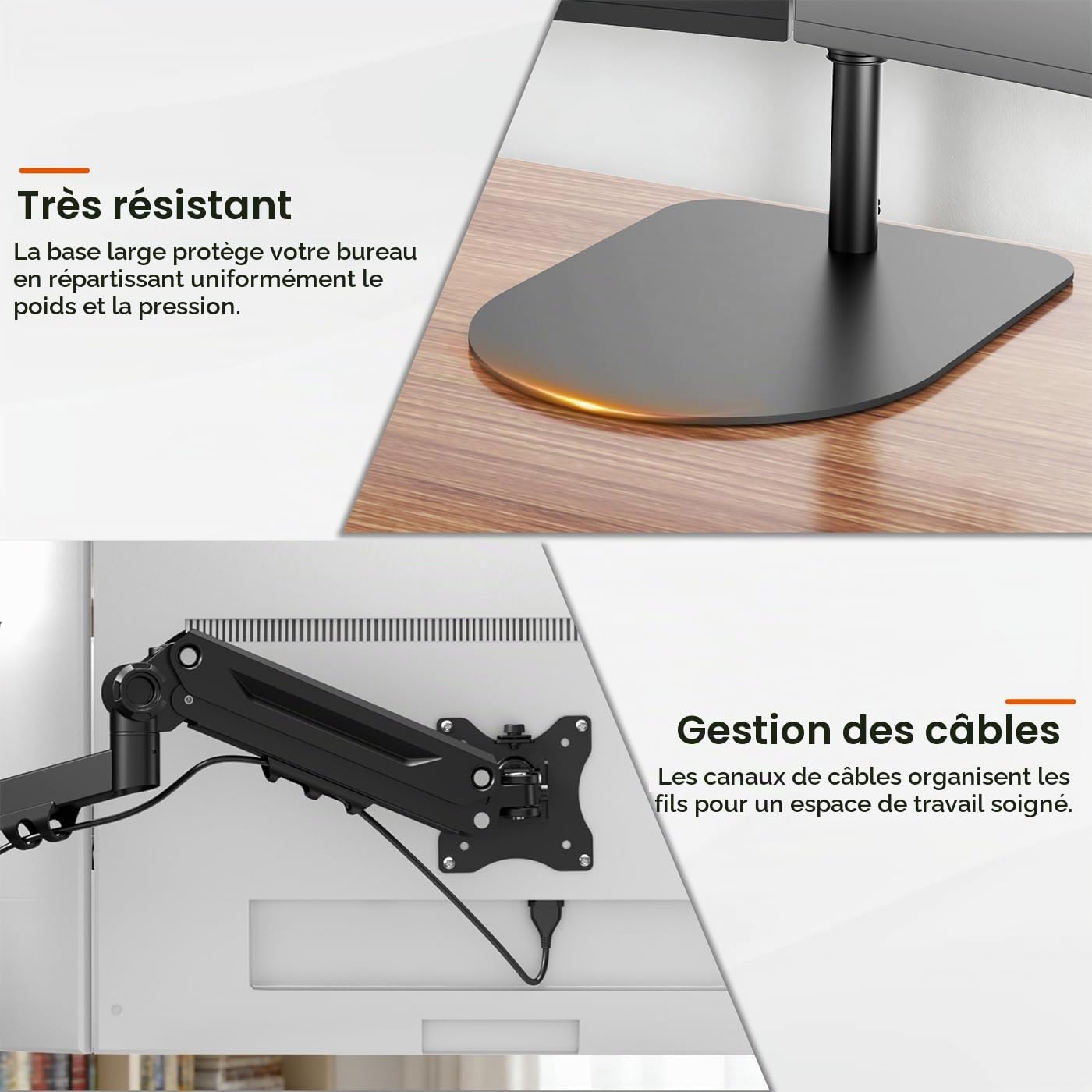 Support Ecran PC 3 Ecran pour Moniteurs 1 Fixe 49" et 2 Ressort Gaz 35"