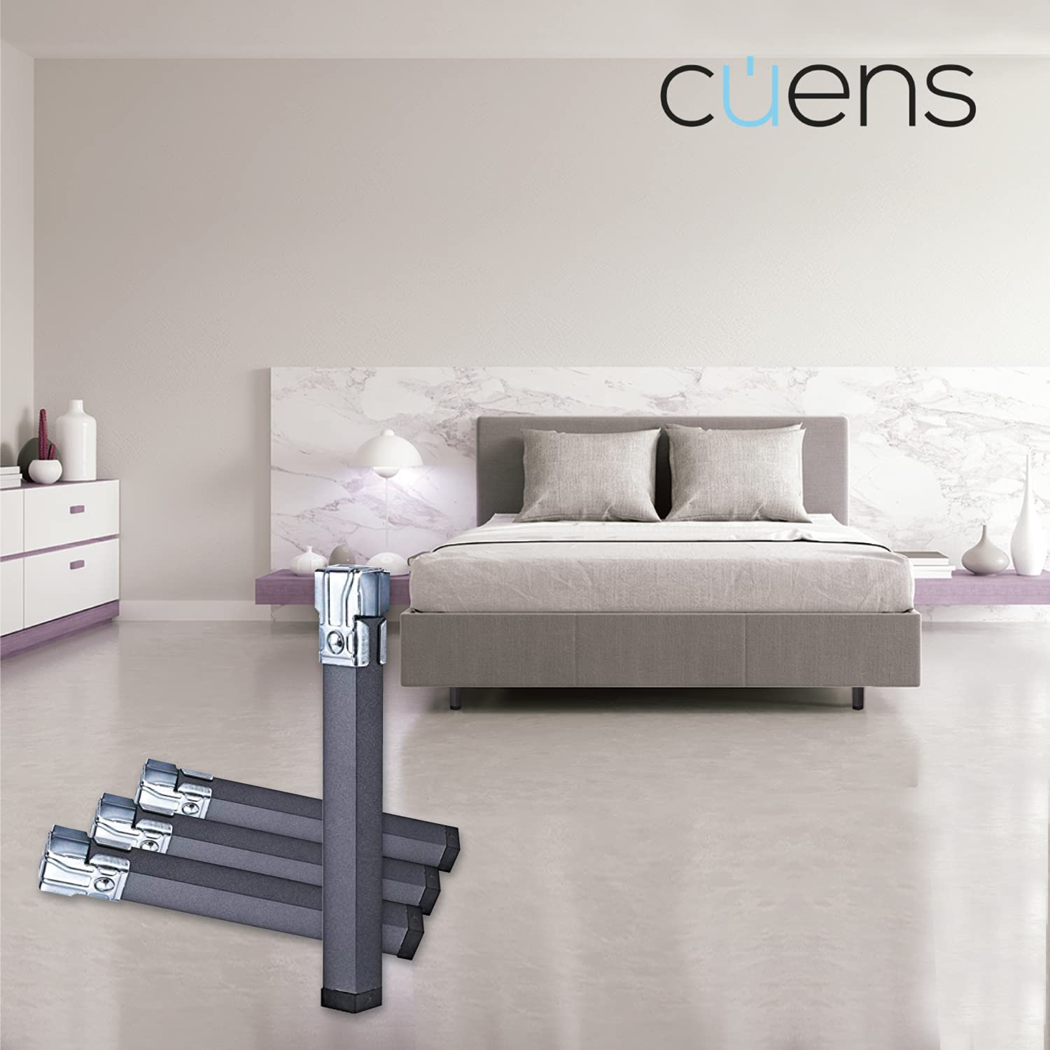 Set 4 Gambe in Metallo per Rete Letto con Morsetto - Fissaggio con Dado Metrico 8-3x3x25 cm - Cuens
