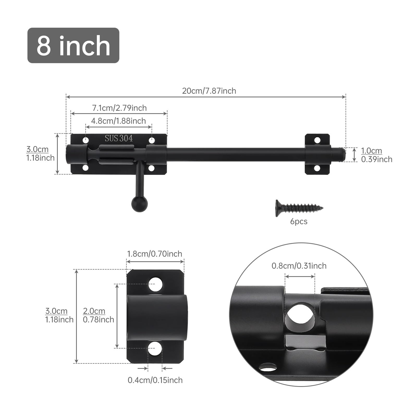 Chiavistelli Per Porte Bulloni for porta da 4/6/8/10/12 pollici con foro for lucchetto da 8 mm Serratura scorrevole con chiavistello a barilotto in acciaio inossidabile 304(8 inch)