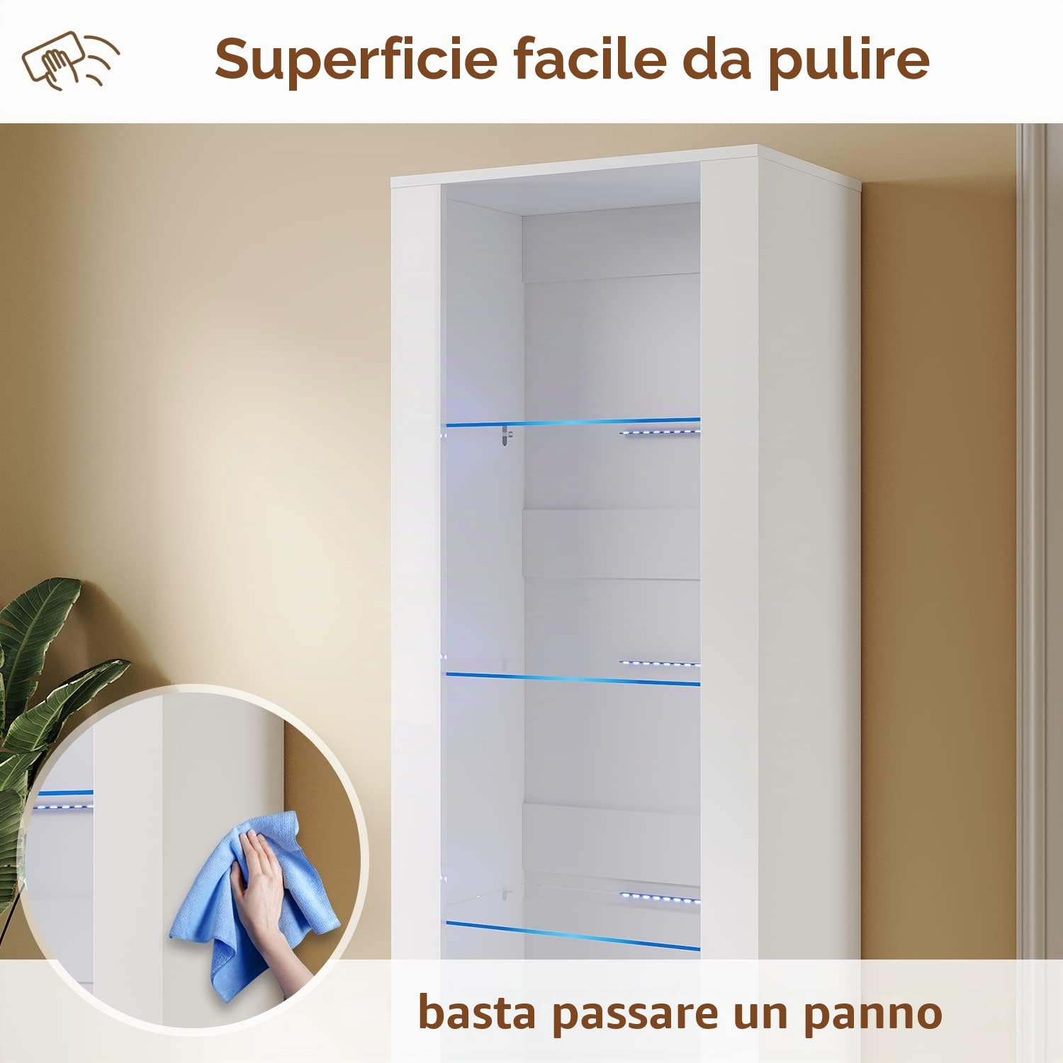 Vetrina per soggiorno, vetrina in vetro bianco, 550 x 350 x 1720 mm, con illuminazione LED blu