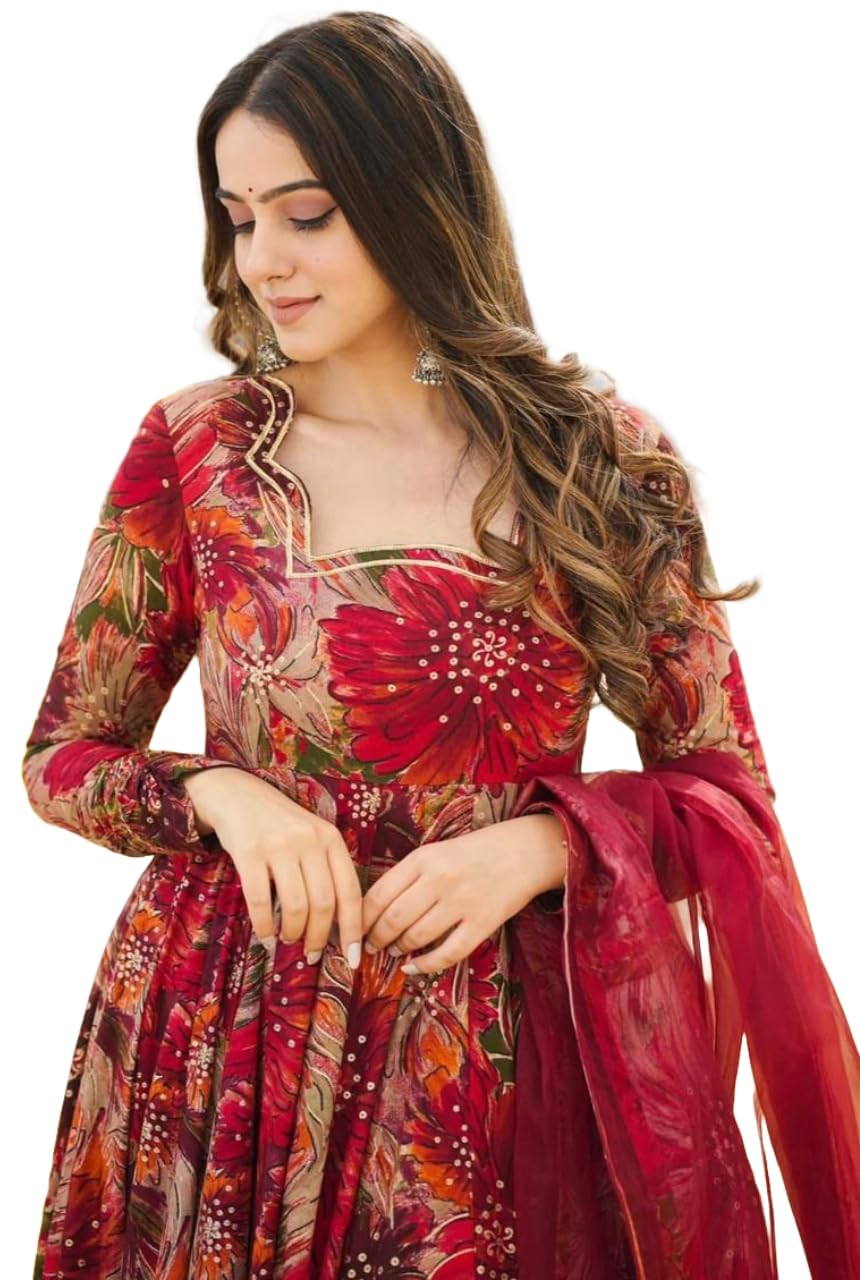 Floral Printed Anarkali Dress with Dupatta, Long Sleeve Maxi Gown, Red and Beige, Traditional Indian Ethnic Wear-image-9