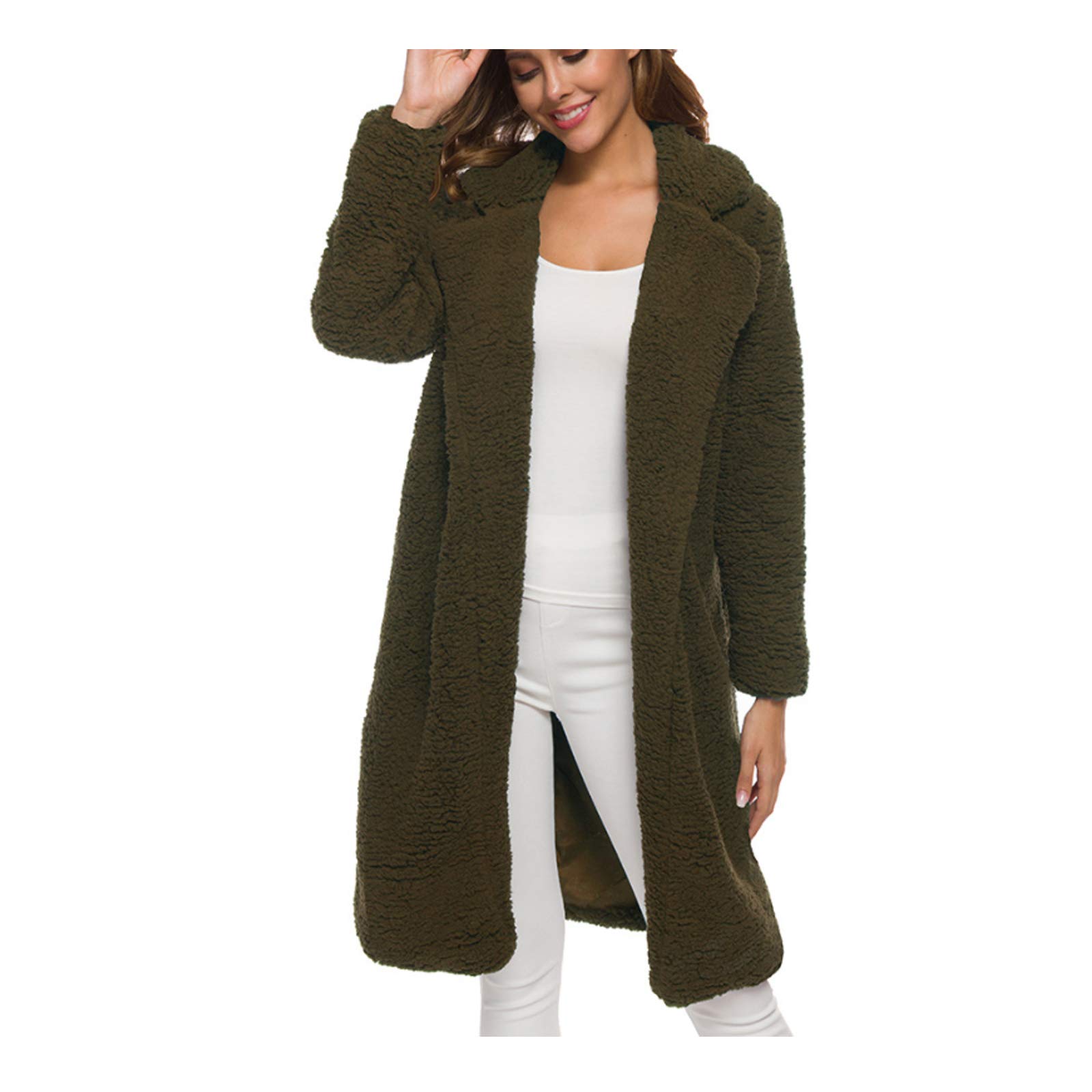 Damen Langer Übermantel, flauschiges Fleece, Revers, offene Vorderseite, Cardigan, Oberteil, Damen, Kunstfell, warm, Winter, lockere Jacke, Armeegrün, 3XL