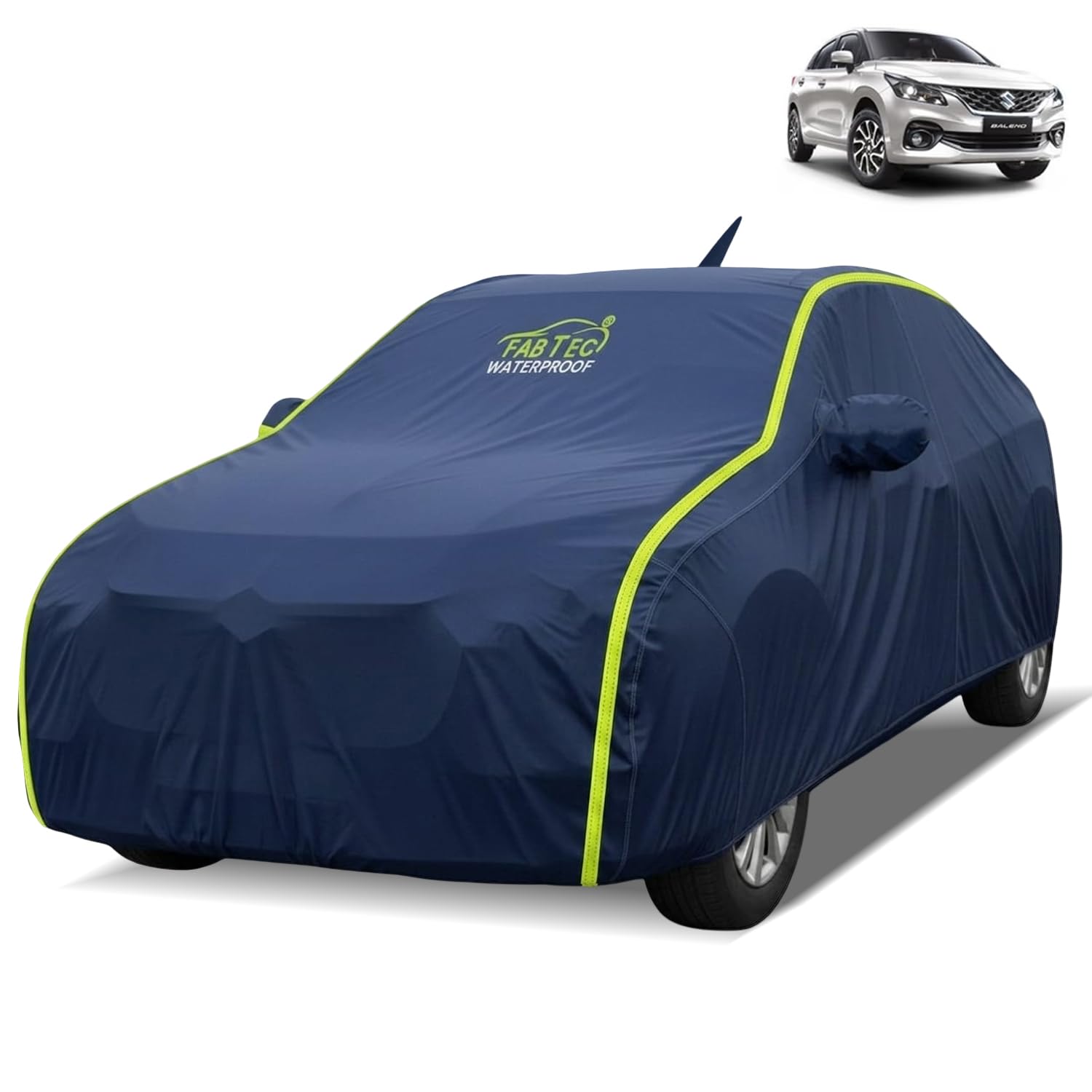 FABTEC Waterproof Car Body Cover for Maruti Baleno New Outdoor/Indoor All Weather Protection with Mirror & Antenna Pocket Triple Stitched (Premium Navy Blue with Neon Piping)
