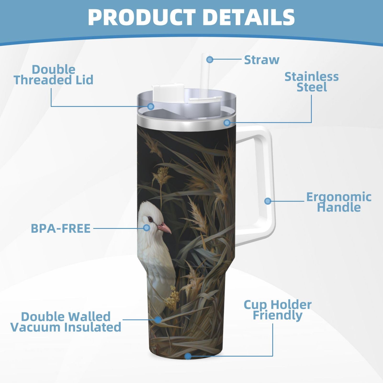 Grass and Dove Wasserflasche aus Edelstahl, doppelwandig, isoliert, mit Griff und Strohhalm-Deckel, 1,2 l
