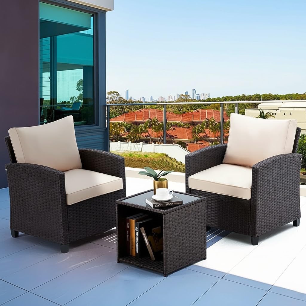 LOCCUS 3-Piece Outdoor Patio & Balcony Rattan Conversation Set – Wicker Sofa with Square 2-Tier Table (Dark Brown & Cream)-image-41