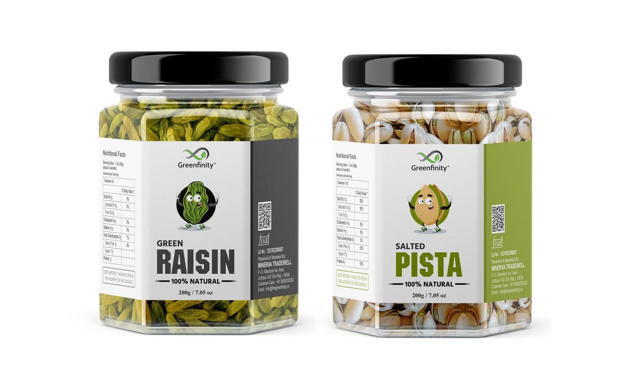 Greenfinity Raisin & Roasted Salted Shelled Pistachio Combo Pack 200gm + 200gm | Salted Pista & Kishmish/Draksha (Pack of 2) 400gm (B09GYGMN64) Amazon Price History, Amazon Price Tracker