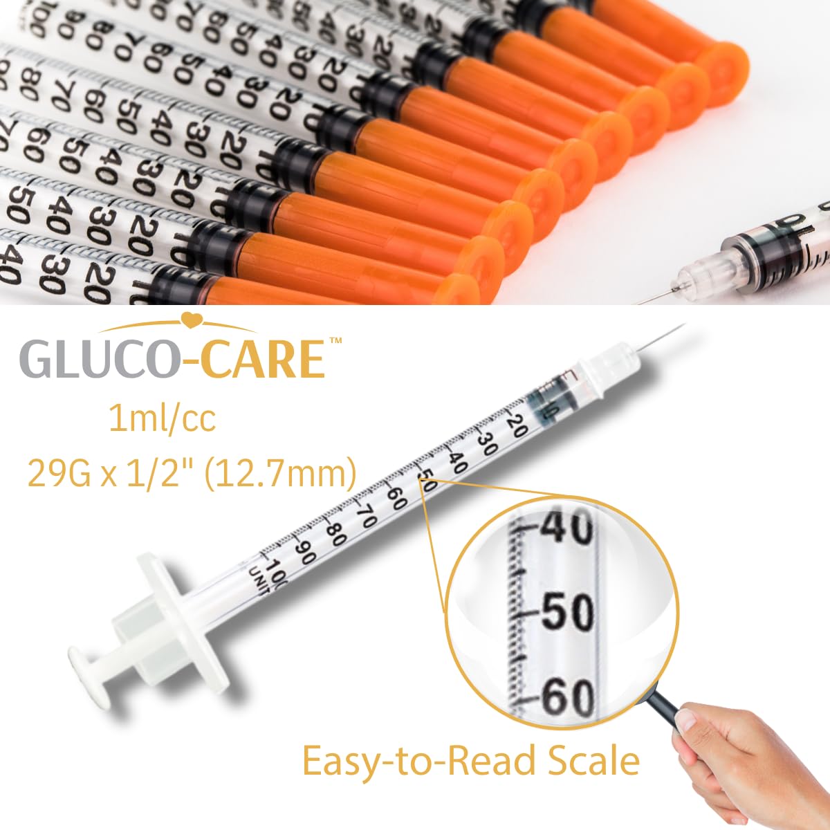 GLUCO-CARE Jeringas de 1 ml/cc de 29 g x 12,7 mm, 100 unidades por caja