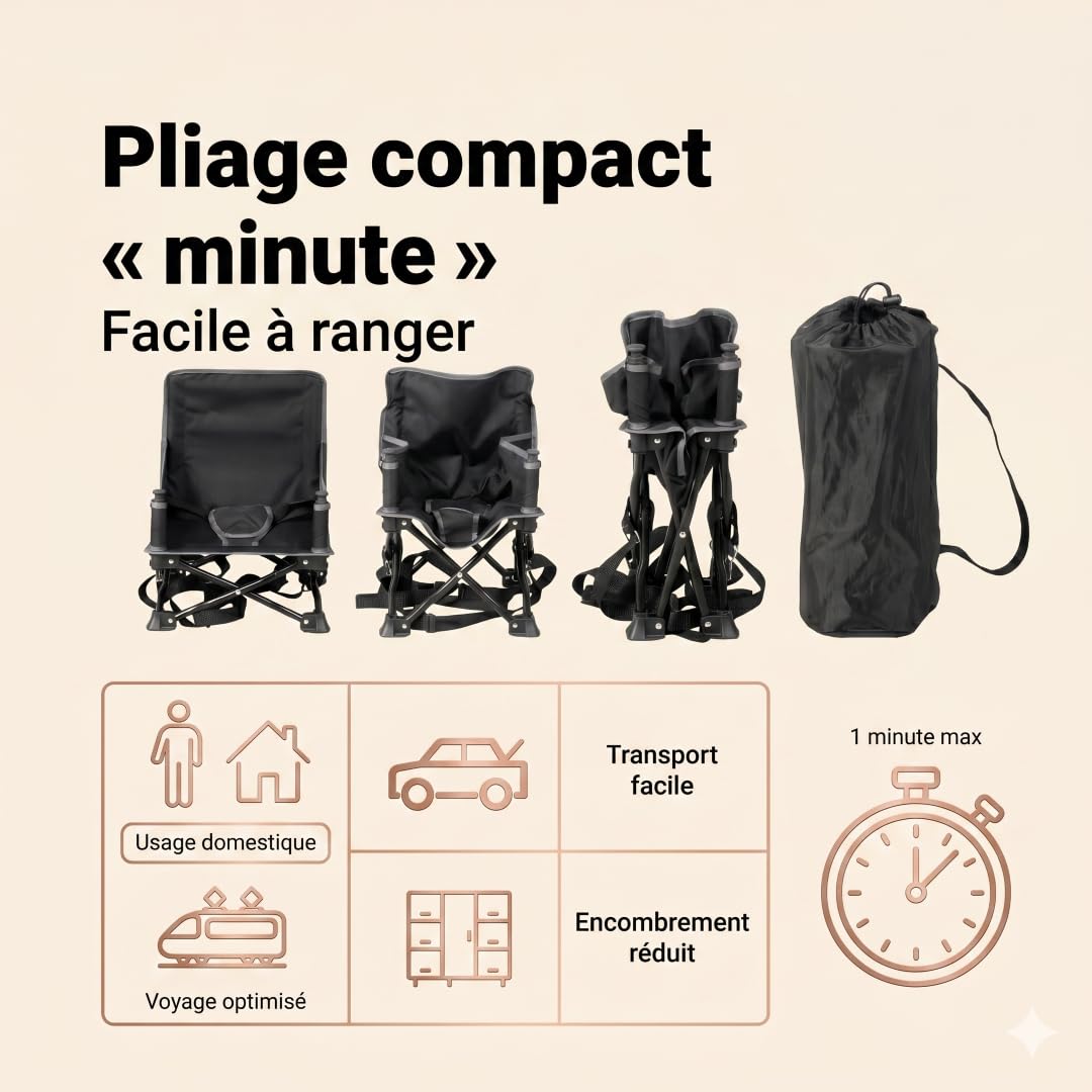 Bambisol Seggiolino per bambini Chaizounette' Sedia per bambini | Evolutivo da 6 mesi, Borsa per il trasporto, Seggiolino da campeggio per bambini | Nero