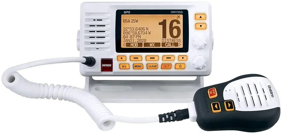 Uniden UM725G Marine VHF, todos os EUA, Canadá e Internacional Canais Marinhos, Potência de Transmissão de 1 Watt/25 Watt, Maior Tela LCD da Classe, Canais Climáticos NOAA com Alertas, Microfone de Alto-Falante, GPS Embutido.