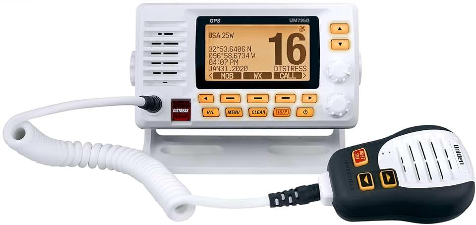 Uniden UM725G Marine VHF, todos os EUA, Canadá e Internacional Canais Marinhos, Potência de Transmissão de 1 Watt/25 Watt, Maior Tela LCD da Classe, Canais Climáticos NOAA com Alertas, Microfone de Alto-Falante, GPS Embutido.