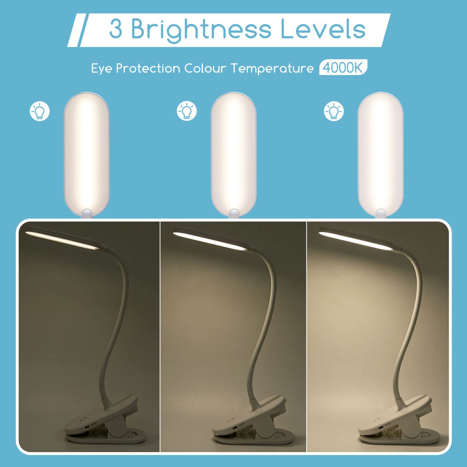 Aigostar Luz Lectura,Lámpara Lectura Pinza con 360° Brazo Flexible Regulable, Luz de Cama con Clip,3 Modos,Recargable Usb Flexo Led Escritorio 4000K Protección Ojos Colors, Blanco, 2pcs