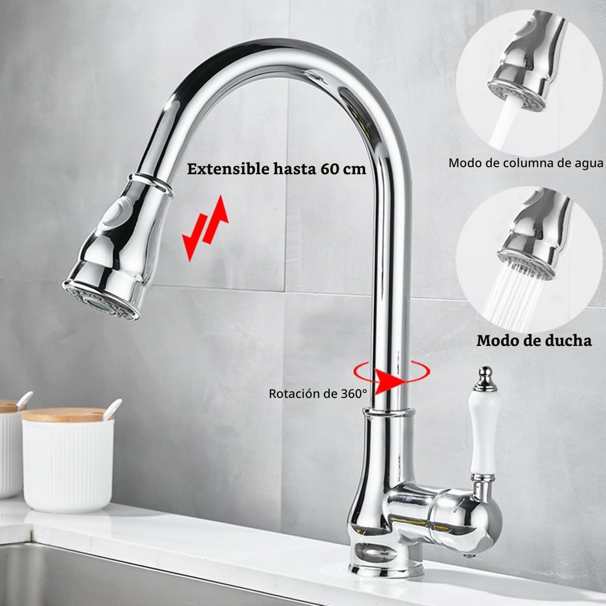 Grifo de cocina cromado mezclador cocina con ducha extraíble 2 modos