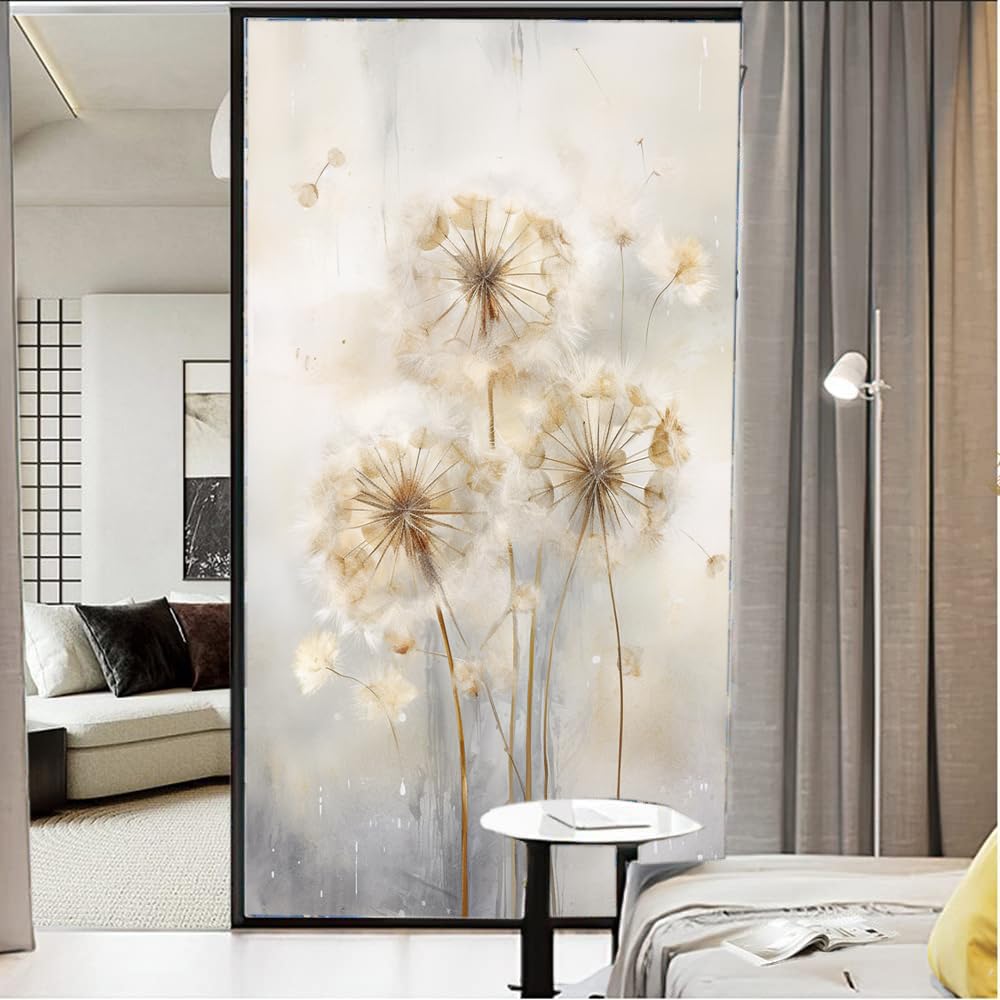Sichtschutzfolie im Vintage-Stil, abstrakt, Löwenzahn, Aquarell, rustikal, Naturpflanze, Milchglas, Fensterfolie, dekorativ, statisch haftend, für Glas für Zuhause, 90 x 160 cm