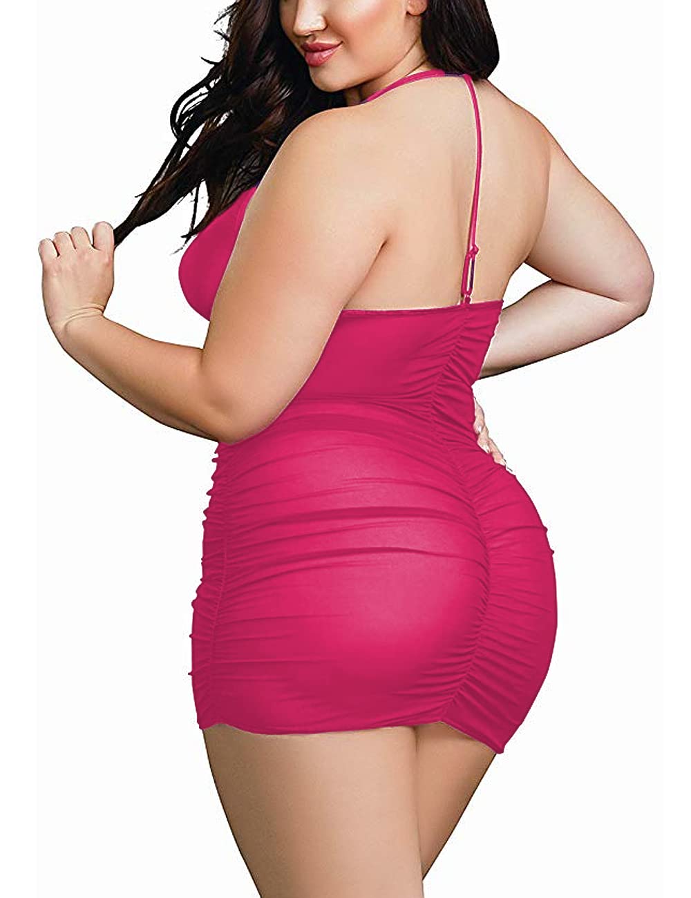 Plus Size Sheer Stretch Mesh Babydoll Dress Zipper Shirring Halter Chemise Curvy Sexy Lingerie for Women: Rose Red Large