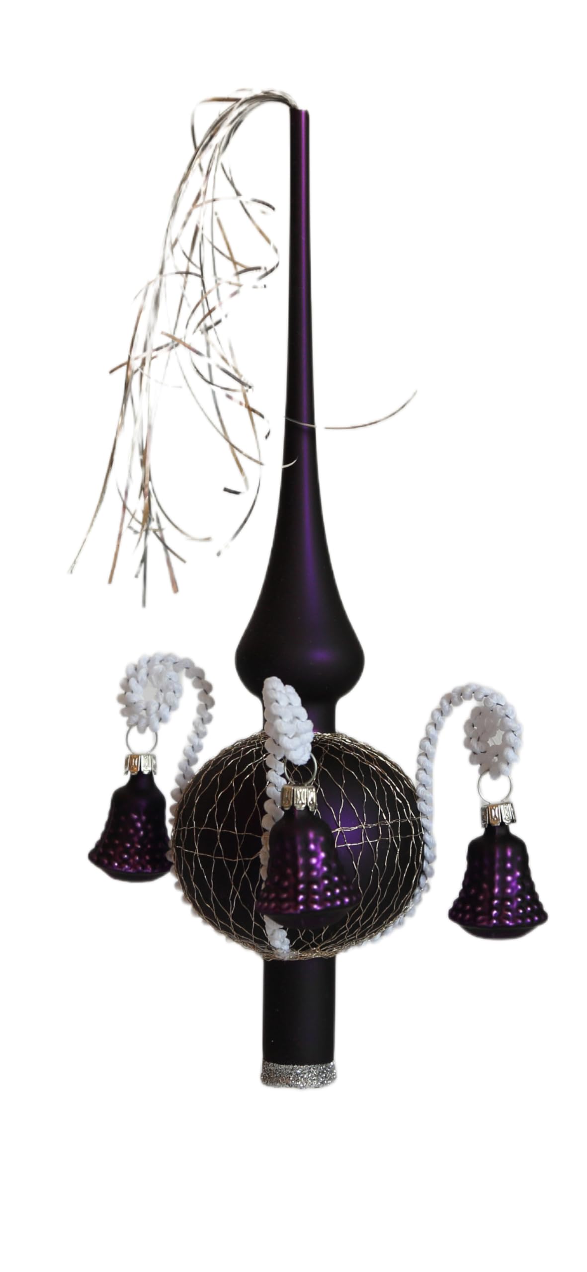 Lauschaer Glas Cimier de sapin de Noël avec clochettes en forme de cloche Violet mat Longueur env. 28 cm Diamètre (boule) 7 cm Pointe de décoration de sapin soufflée à la bouche Décorée à la main
