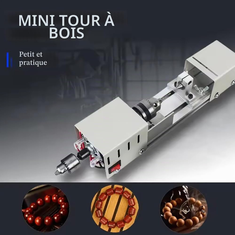 Mini Tour à Bois, 24v Tour à Bois 4000-8000 tr/min, Mini Tour Metaux avec 7 Vitesses, Plage de Serrage de 0.06 à 6.5 mm,pour le Tournage,le Meulage,le Polissage,le Perçage de Chapelets et la Sculpture