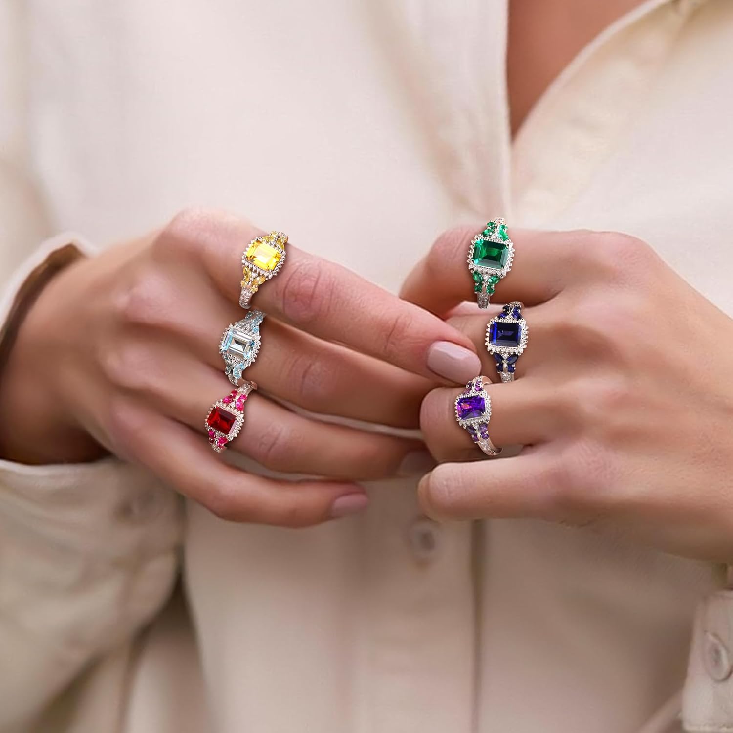 Butterfly Rings for Women, 925 Sterling Silver 3-4 Carat Birthstone Halo Ring Amethyst/Emerald/Blue Sapphire/Ruby Promise Ring Emerald Cut Engagement Rings for Her,Lovers Birthday Valentines Gift