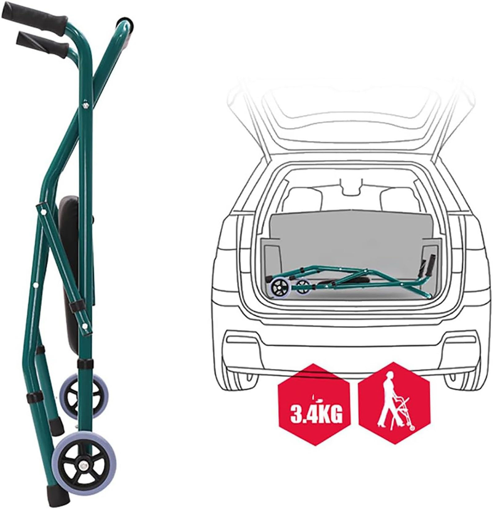 CEEBUS Andador para Ancianos 2 Ruedas, Ligero, Plegable, con Asiento, Verde, para Personas con Movilidad Reducida, Adulto/Senior, Aluminio