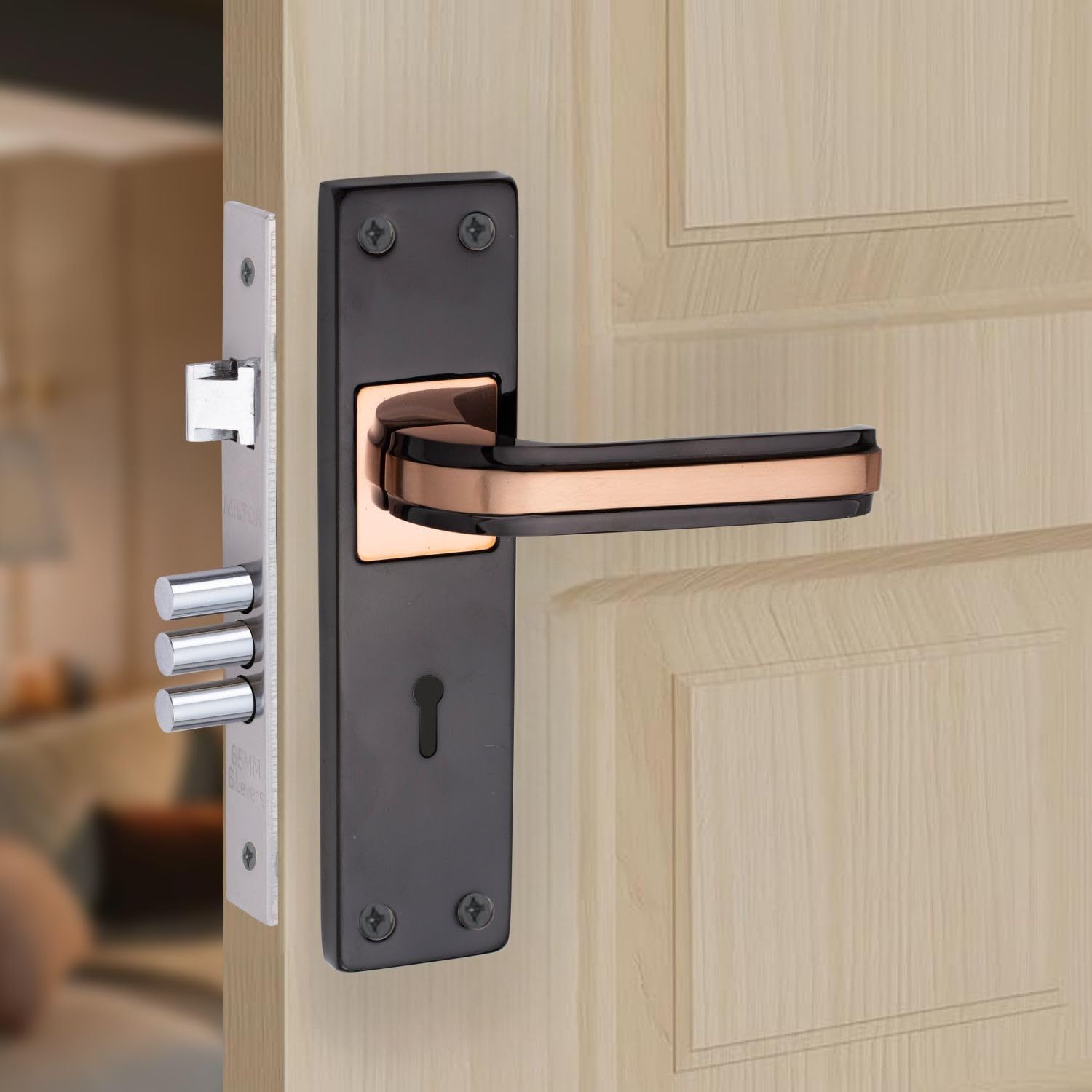 Milton Iron Mortise Lock Set with Rose Gold Copper Handle, Black Plate, 200mm x 50mm, 125mm Handle Length, Complete with Keys and Hardware - MHI-09-image-24