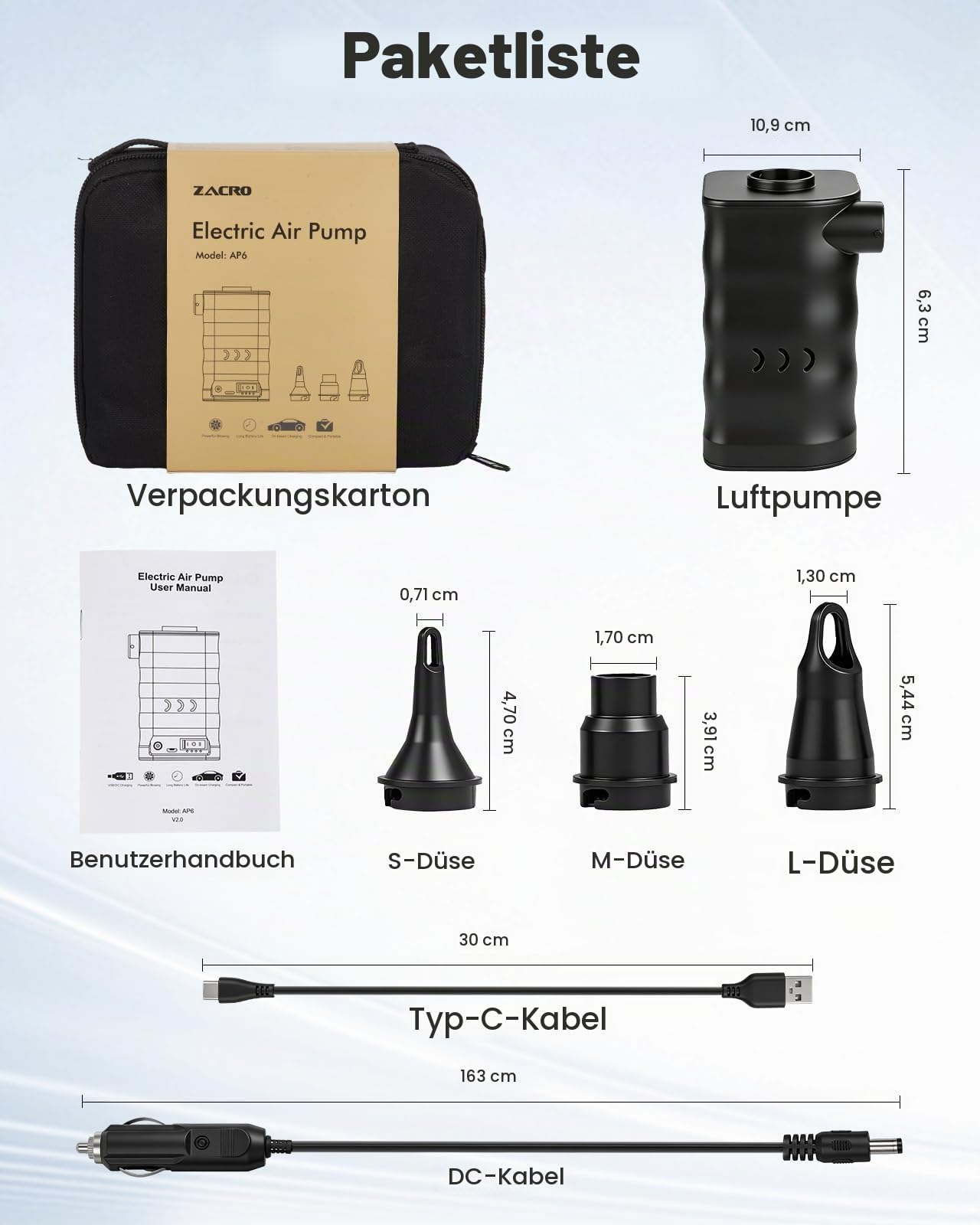 Zacro 6000mAh Elektrische Luftpumpe tragbare, 2in1 Inflate und Deflate elektrische Pumpe, USB und DC-Aufladung Akku luftpumpe eingebaute Batterie für Aufblasbaren Betten Luftmatratz Pool Schwimmring