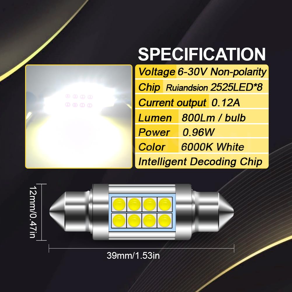 10 szt. festoon LED Ruiandsion 39mm Canbus 800lm 6000K biała 6-30V | Uniwersalne 12/24V 6–30V, bez polarności, Canbus bez błędów, mocne białe światło