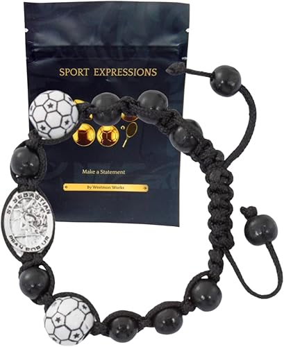 Miniatura 2 de Westmon Works Juego de pulsera de rosario de fútbol con cuentas de bola y medalla de centro de mesa de San Sebastián de metal con tarjeta sagrada