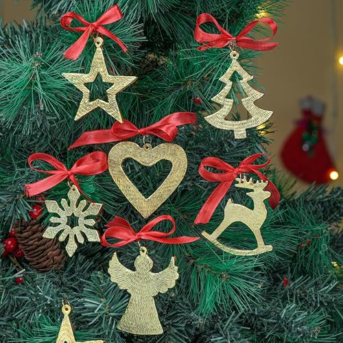Image of IndianShelf 12 Piece Golden Aluminum Christmas Tree Hanging Ornaments - Reindeer, Angel, Star, Snowflake, Heart & Tree Shapes for Holiday & Home Decor