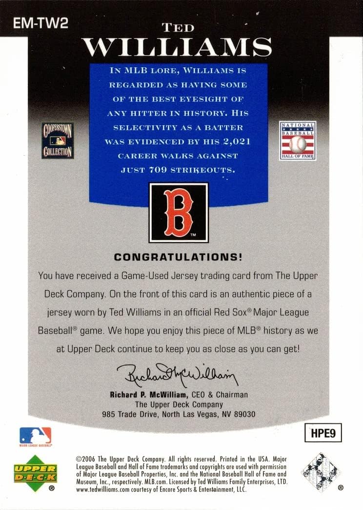 2006 Upper Deck Epic Materials Relics #EM-TW2 Ted Williams Game Worn Red Sox Jersey Baseball Card - Only 25 made!