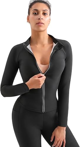 Miniatura 3 de Traje de sauna, chaqueta moldeadora de cuerpo de sudor caliente, entrenador de cintura, manga larga, con cremallera, camiseta de entrenamiento