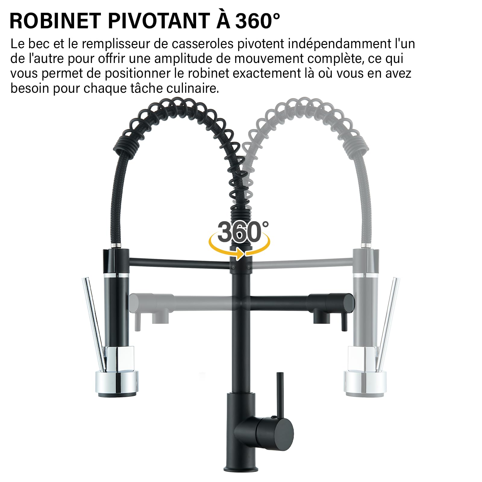 Robinet de Cuisine Noir Mitigeur Deux Jets Douchette Flexible Pivotante Rétractable Bec Haut Arc Élevé Rotatif 360°