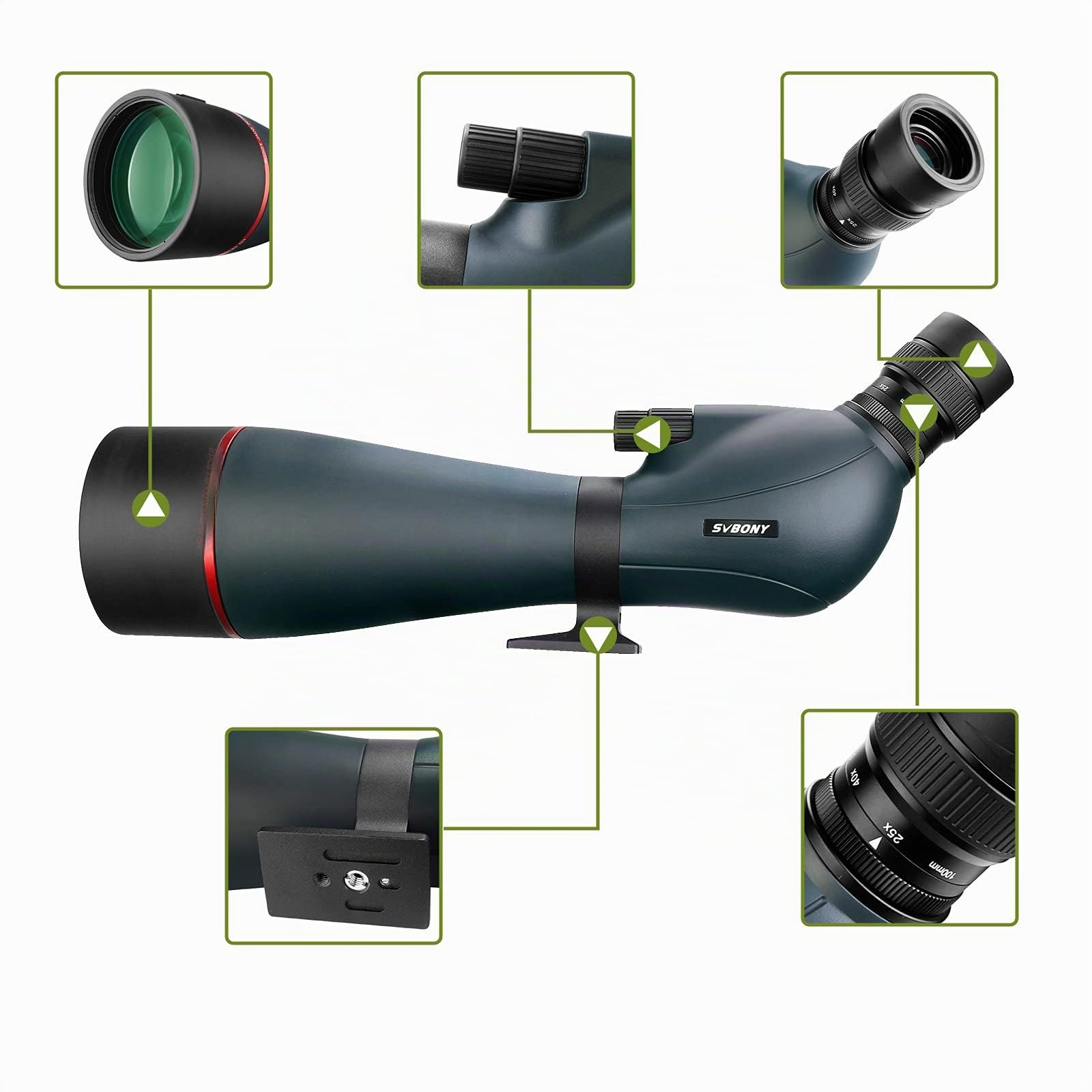 Svbony SV406 Longue Vue 25-75x100 Double Foyer, Étanche Longue Vue Puissante, HD Lentille FMC Prisme de Porro avec Revêtement Incliné Spotting Scope Monoculaire pour Observation des Oiseaux