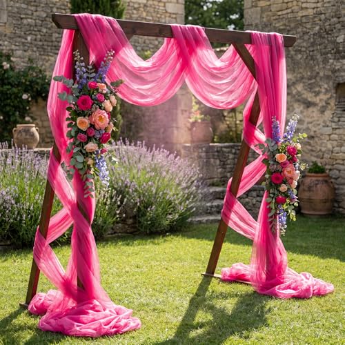 Image of Wedding Arch Draping Fabric, 1 Panel 30 inch x 20Ft Hot Pink Sheer Curtain Drapes Extra Wide & Long Backdrop Curtains for Bridal Shower Backdrop Outdoor Party Arches Church Ceremony Decoration