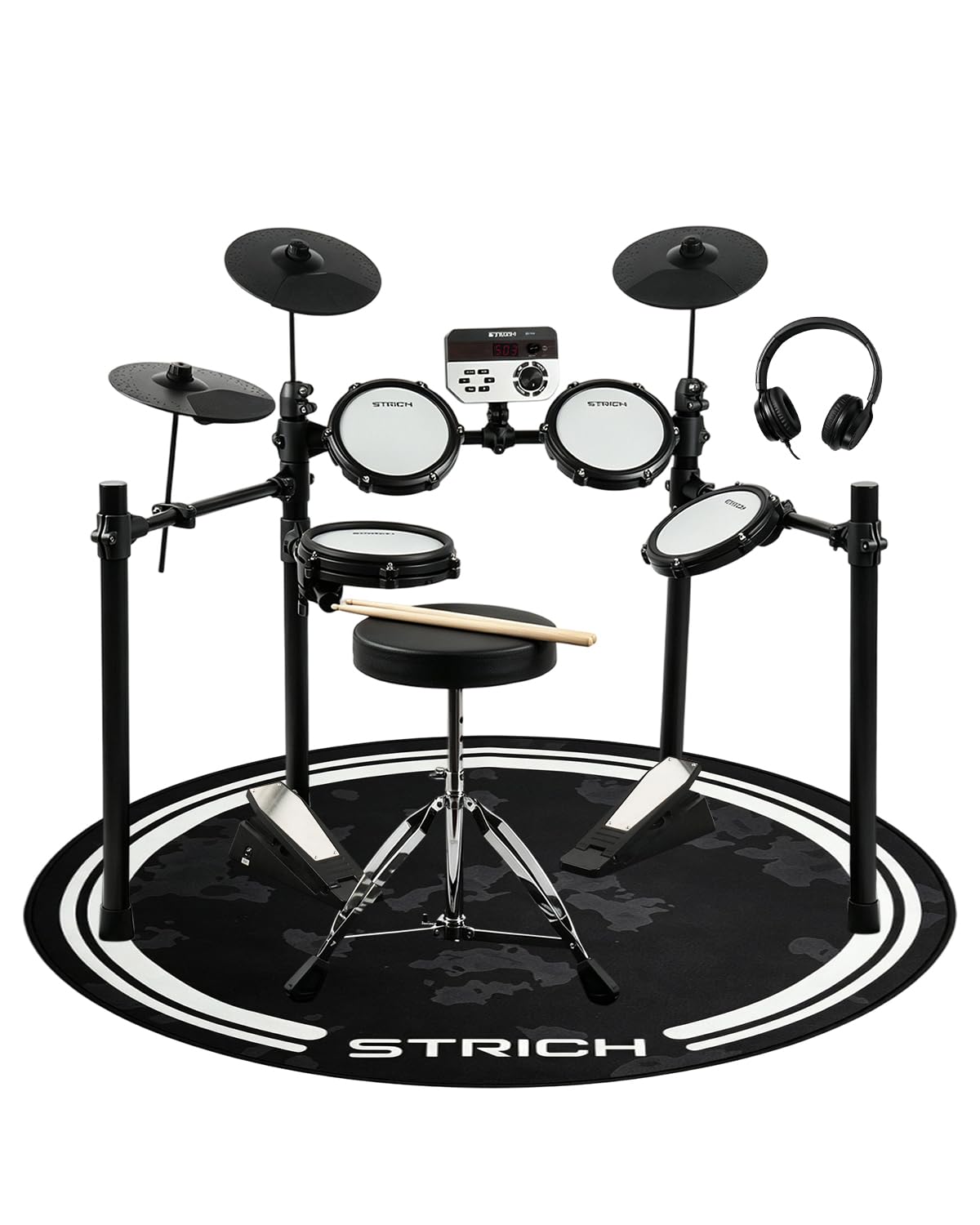 STRICH E-Drum Set, faltbares elektronisches Schlagzeug mit 8" Dual-Zone Mesh-Snare, USB-MIDI, Drumsticks, Schlagzeughocker, Kopfhörer & Drumteppich für Einsteiger und Zuhause, SED-T02
