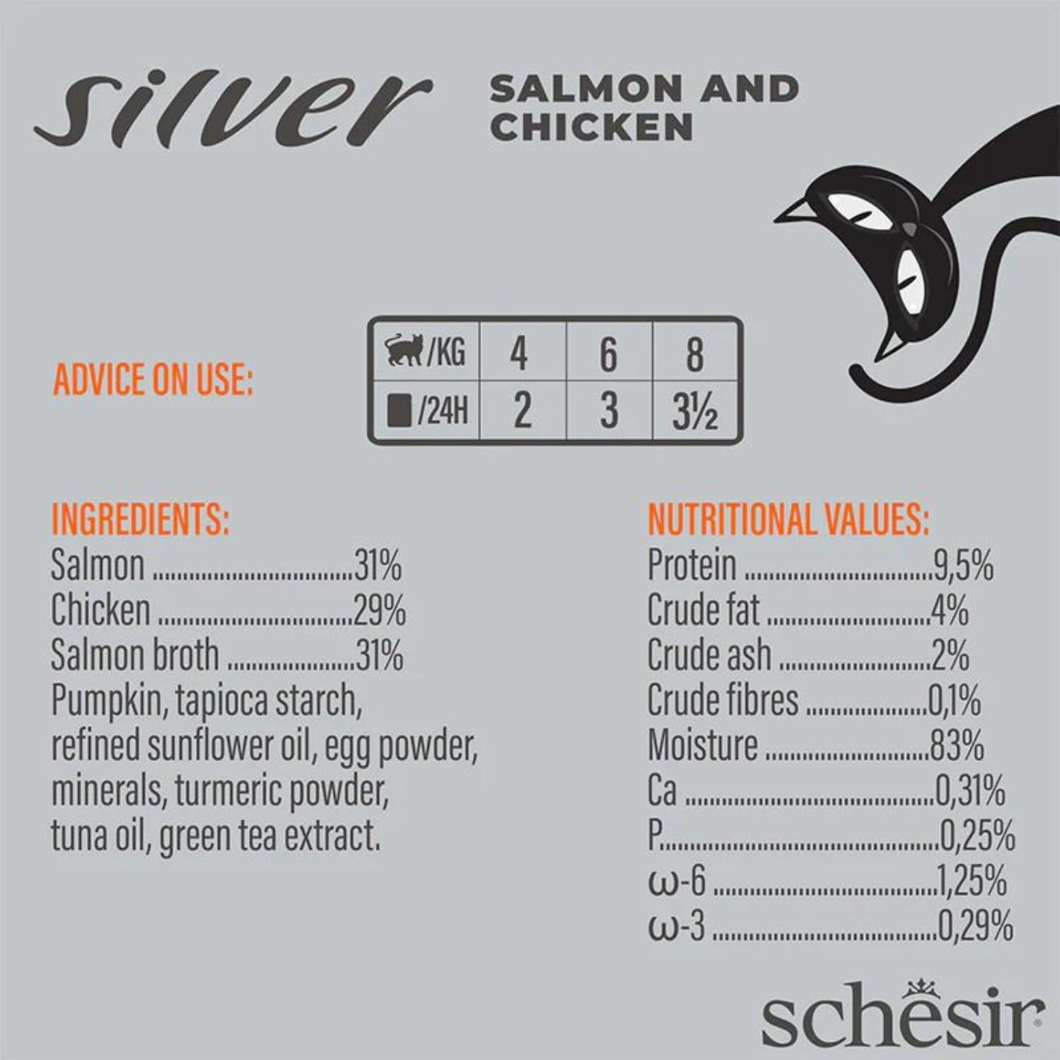 Schesir Silver, Salmón y Pollo En Mousse, Alimento Húmedo Completo para Gatos Mayores, Sin Cereales, Apoya El Sistema Inmunitario, Rico En Hidratación, 12 X 80g (Paquete de 3)