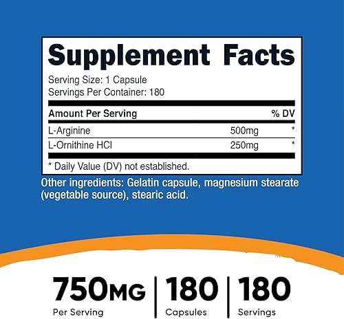 Miniatura 2 de Nutricost L-arginina L-ornitina 750 mg 180 cápsulas