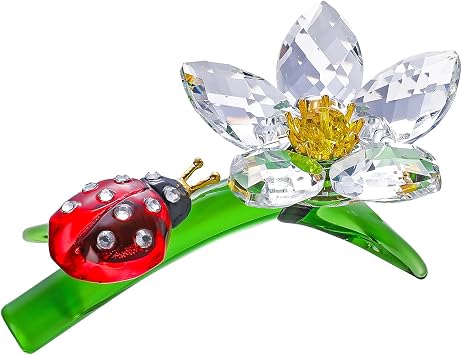 Crystal Figurine Ladybug on Flower Crystal Statues Paperweight Home Table Decoration Ornament Collectible with Gift Box