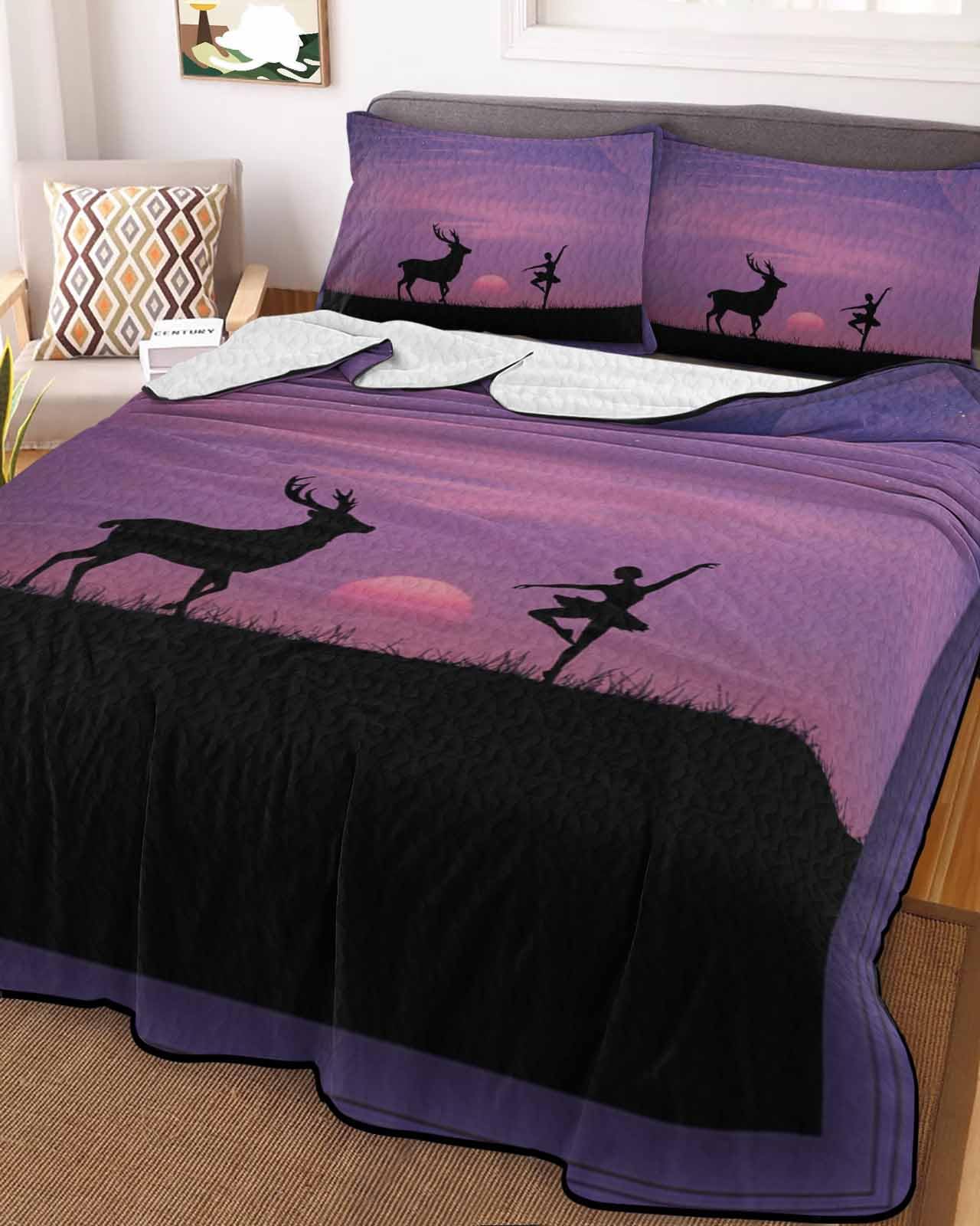 RisQiten Full Size Quilt Bedding Set, Purple Ombre Starry Sky Reversible Summer Quilt 3 Pieces, Deer Ballerina Girl Black Silhouette Lightweight Bedspreads Coverlets with 2 Pillow Shams