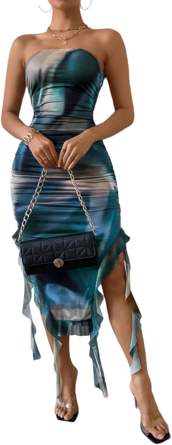 LIGHT DOT Women's Summer Midi Bodycon Tube Dress Strapless Tassel Slit Tie Dye Mesh Ruched Cocktail Dress