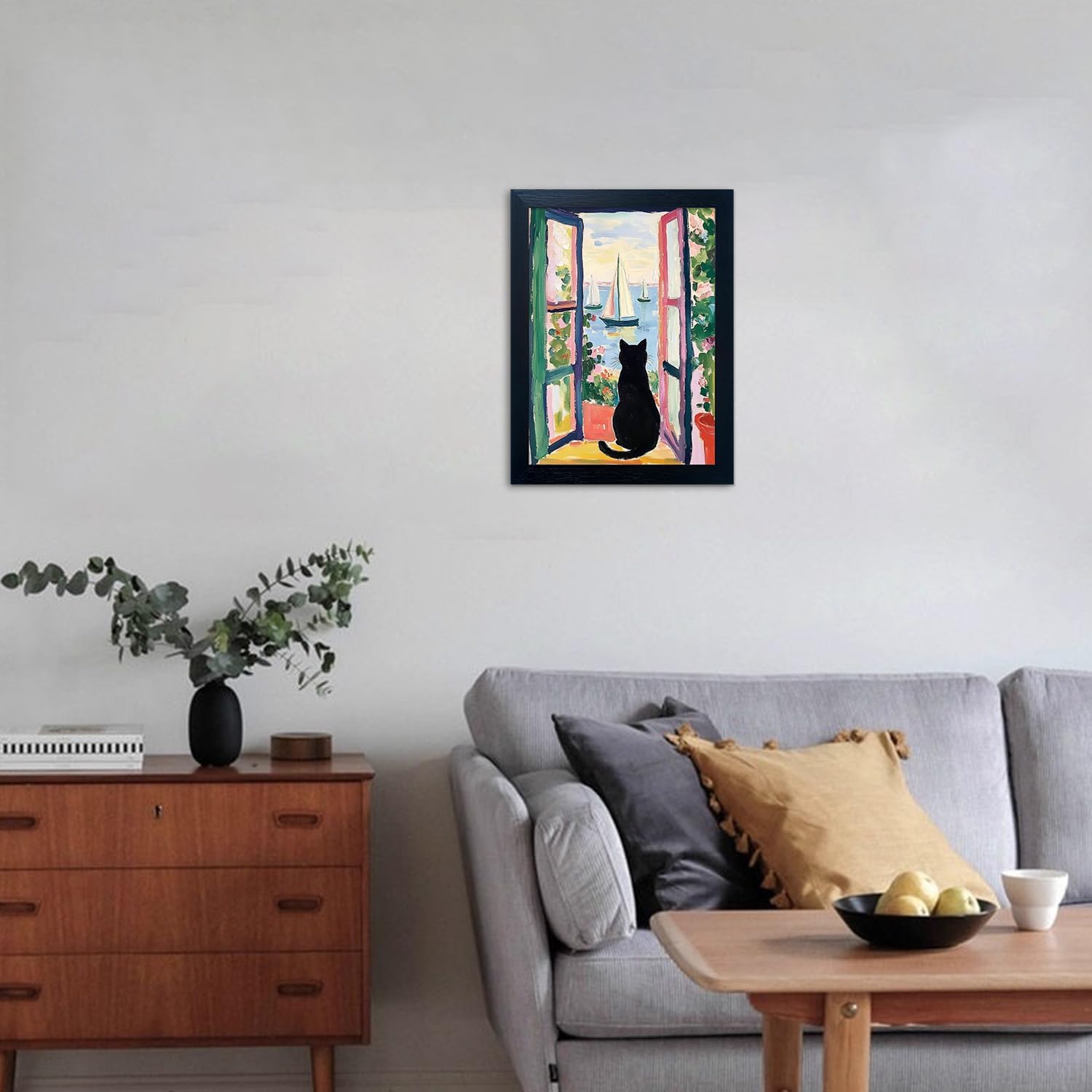 Framed Black Cat By the Sea Canvas Print Poster Henri Matisse Wall Art Funny Whimsical Cat Artwork Sailboats Paintings for Living Room Bedroom Bathroom Decor Aesthetic