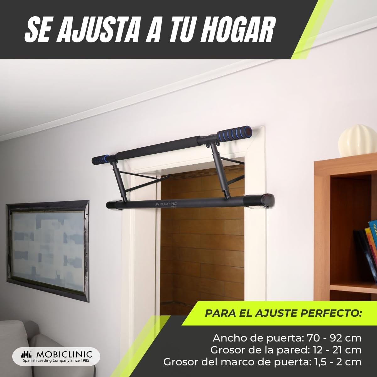 Mobiclinic® fitness, Barra de dominadas para colgar, Sin herramientas, K5, Máx. 200 kg, Con elástico, Asas espuma antideslizante, Acero, Adaptable 70-92 cm, Ejercicio en casa, Fácil almacenaje