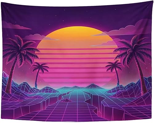 TOMPOP Tapiz retro futurista de neón paisaje de los años 80 digital Cyber 80S Party Sci Decoración del hogar para colgar en la pared para sala de