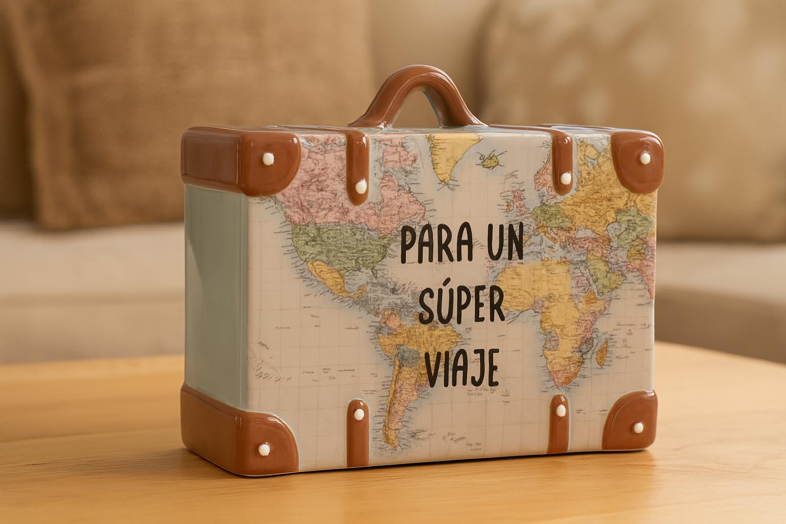 Hucha Decorativa Maleta Ceramica - para un Super Viaje, 14,7 x 13 x 7,1 cm. Hucha con Tapa.