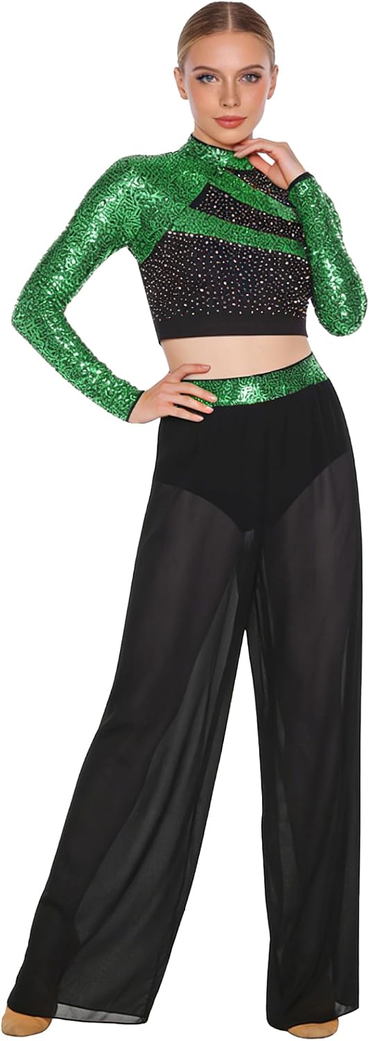 Linjinx Womens Rhinestone Sequins Lyrical Dance Costume Crop Tops with Chiffon Wide Leg Pants for Latin Jazz Light Green X-Large